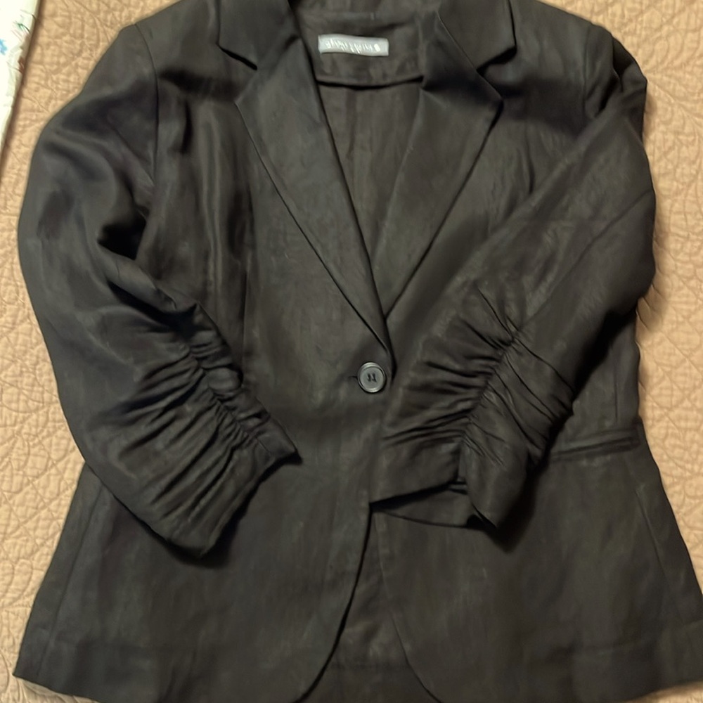🌷Olivia Moon Linen One Button 3/4 Ruched Sleeved Blazer Black - Picture 12 of 13